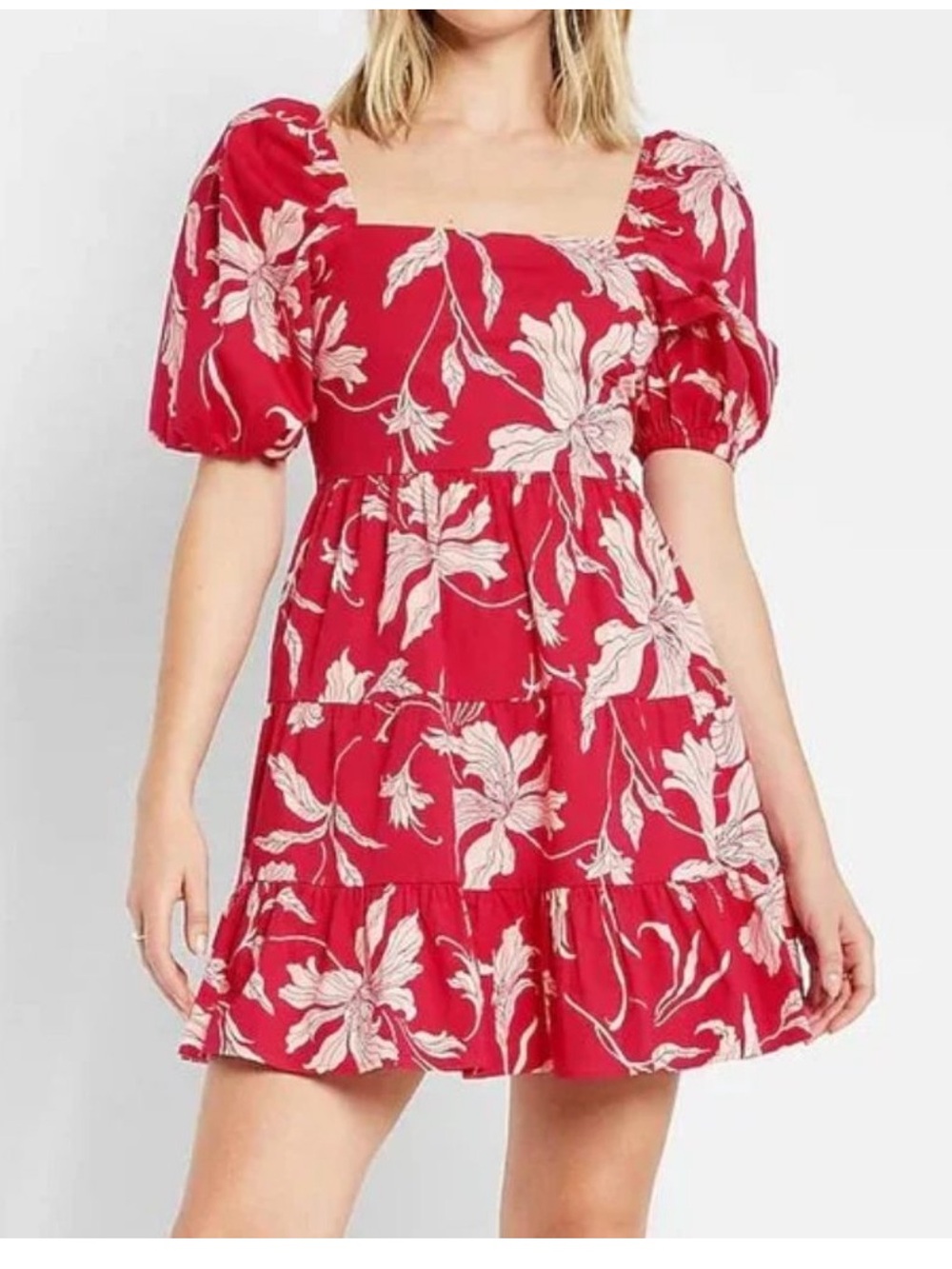 Red Floral Puff-Sleeve Mini Dress Express - S